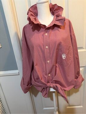 Women’s OU upcycled Red/White Gingham Ruffle Collar Button-Up  Top XXL